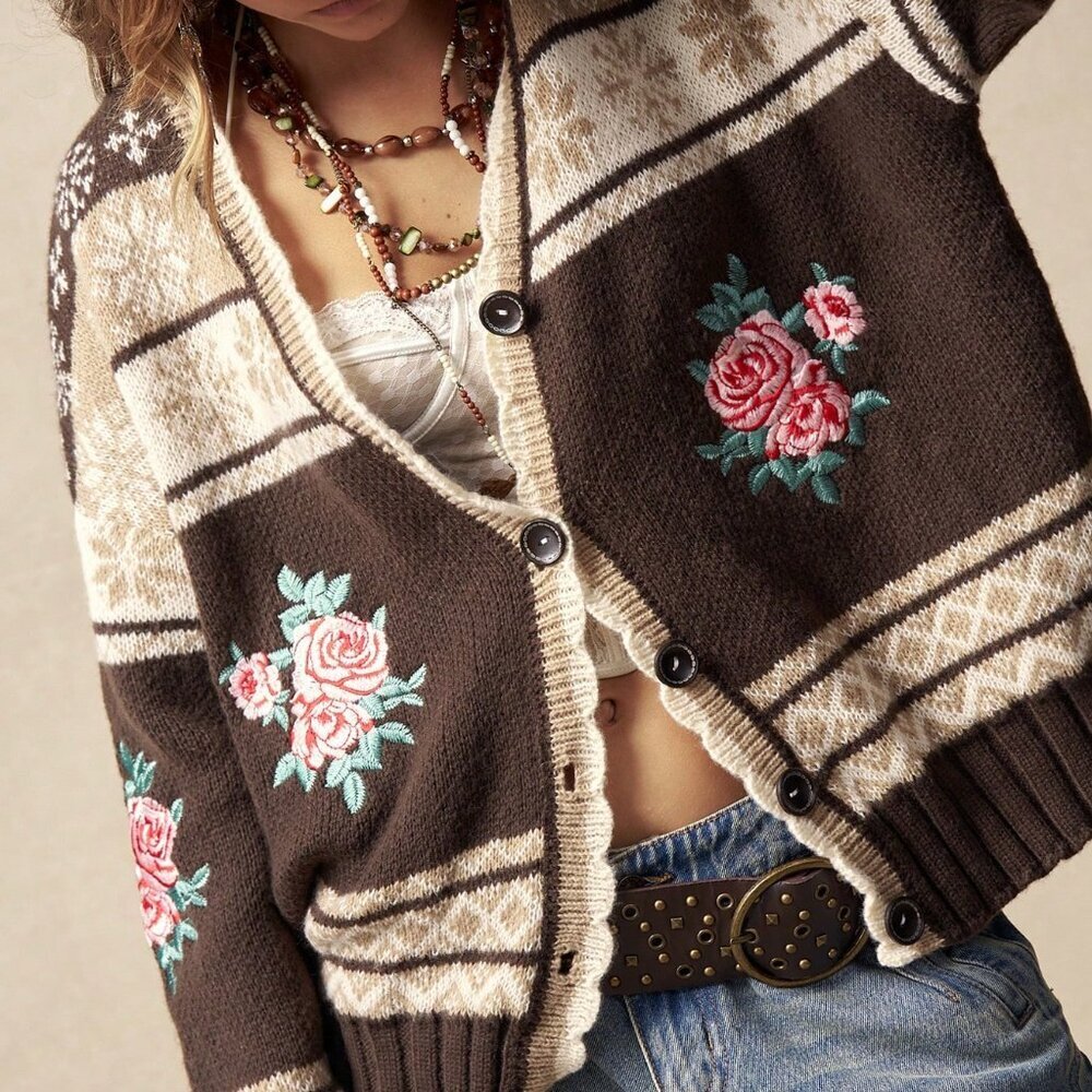 Mocha Brown Boho Women's Floral Embroidered Knit Jacquard Sweater Cardigan - Picture 4 of 8